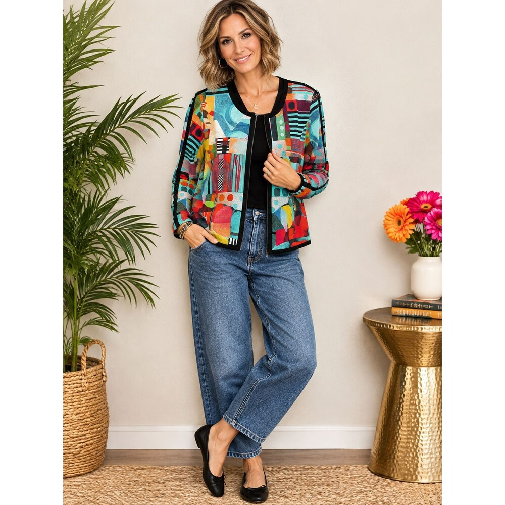 NEW Simply Art Dolcezza L Zip Jacket Geometric Lightweight Stretch Knit Beaded